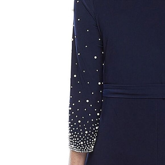 Woman PLUS MSK Navy Beaded Fit & Flare Stretch V-neck Dress midi dress 1X  New - Picture 6 of 11